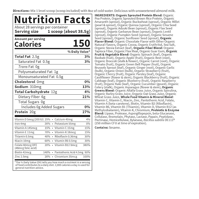 Garden of Life Meal Replacement Shakes, Vegan Protein Powder, Raw Organic Protein Powder, Chocolate Protein Powder with Plant Based Pea Protein, Sprouts, Greens, Probiotics, Dairy Free 28 Servings