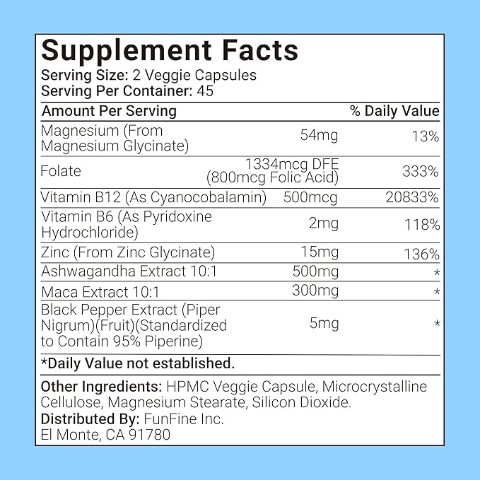 8-in-1 Ashwagandha Supplements with B12 B6 Magnesium Maca Zinc Folate, Cortisol Supplements for Women and Men Supports Stress Relief, Sleep, Energy, Focus(90 Capsules)