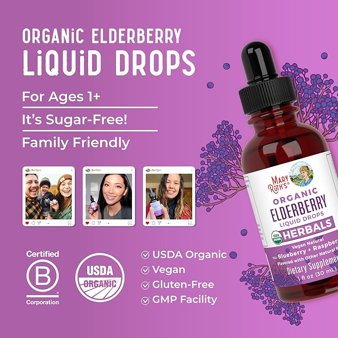 MaryRuth Organics Elderberry Syrup | USDA Organic | Sugar Free Immune Support Supplement for Adults & Kids, Ages 1 | Vegan, Non-GMO, Immune Boosters, Clean Label Project Verified | 1 Fl Oz