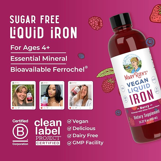 MaryRuth Organics Iron Supplement for Women Men & Kids, Liquid Iron Supplement for Women Men & Kids, Iron for Healthy Blood & Oxygen, Ages 4 & Up, Sugar Free, Vegan, Non-GMO, Gluten Free, 15.22 Fl Oz