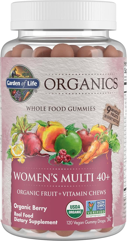 Garden of Life Organics Women 40+ Gummy Vitamins - Berry - Certified Organic, Non-GMO, Vegan, Kosher Complete Multi - Methyl B12, C & D3 - Gluten, Soy & Dairy Free, 120 Real Fruit Gummies