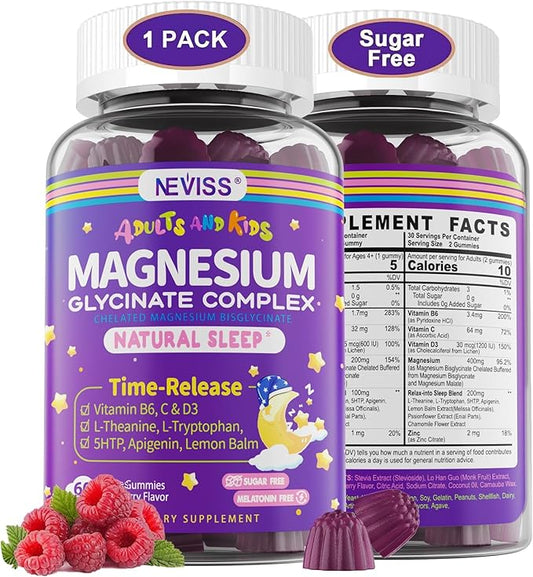 Magnesium Glycinate Gummies for Adults & Kids 4+, Sugar Free Magnesium Bisglycinate Supplement 400/200mg with B6D3, 5HTP, L-Theanine for Sleep & Relaxation, Brain, Muscle, Melatonin Free Gummies,1Pack