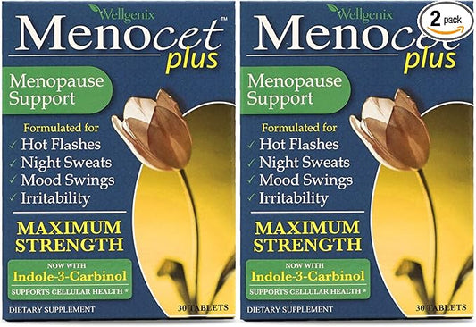 Wellgenix Menocet Plus Menopause Support - All-in-One Menopause Supplement - Daily Relief Feminine Care - Hot Flashes, Night Sweats, Mood Swings & Irritability - 30 Tablets (Pack of 2)