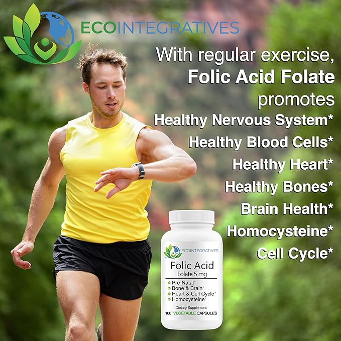 Folic Acid Folate 5mg (B9) Prenatal, Reproductive Health, Homocysteine, Metabolism, Cardiovascular, Bone, Immune Support, Allergen Free, Non GMO - 100 Vegan Capsules