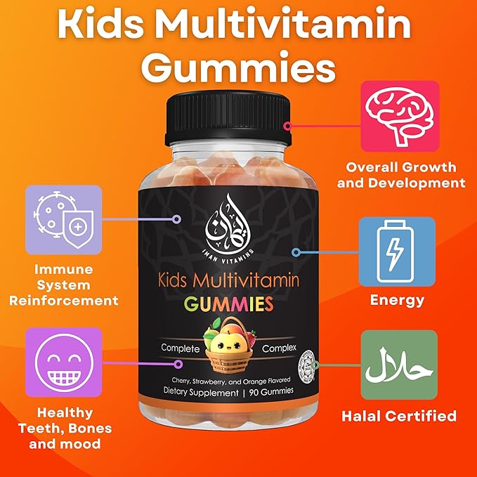 Halal Kids Multivitamin Gummies | Vitamin C, D, Zinc, A, E, B6, B12, Biotin, Folate, Inositol | Strengthen Metabolism, Bones & Immunity | Vegetarian | Gluten Free | 90 Count
