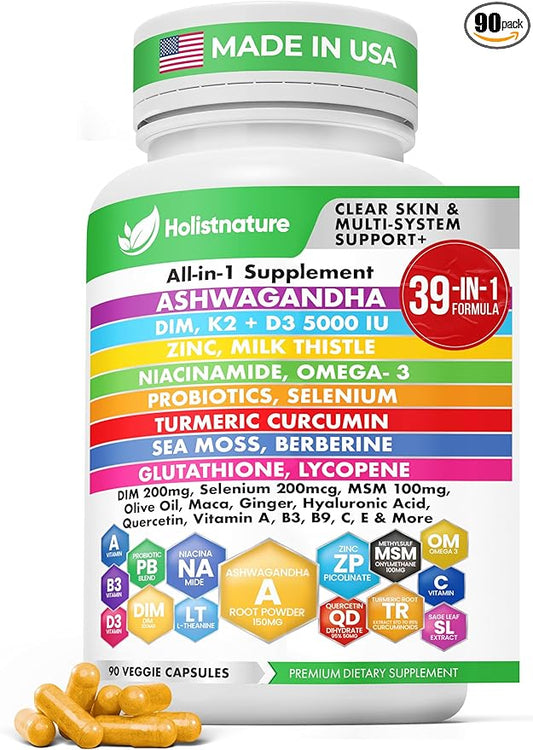 39-in-1 Skin, Gut & Hormone | Cortisol Support – with DIM, Zinc, Probiotics, Ashwagandha, Turmeric & Antioxidants – Clinically-Backed Supplement for Women & Men – Acne, Immune & Detox – 90 Capsules