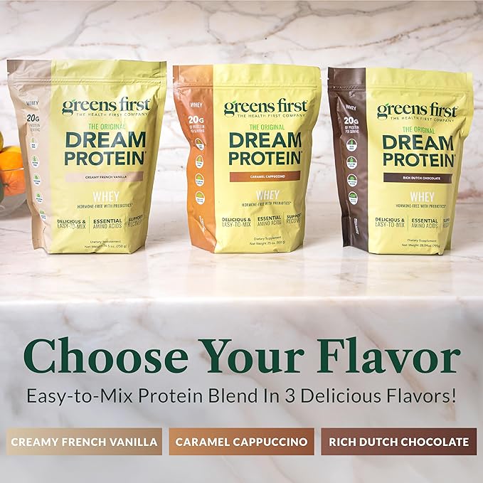 Greens First Dream Protein Powder Whey - 20g Protein Per Serving - Hormone-Free with Prebiotics - Non-GMO - No Artificial Sweeteners/MSG/Aspartame (Caramel Cappuccino, 25 oz)