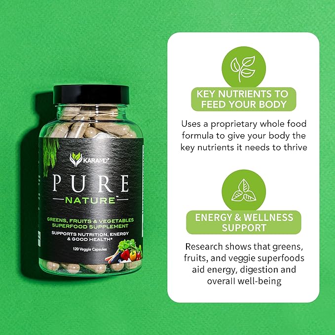 KaraMD Pure Nature | Greens, Fruits & Vegetables Whole Food Supplement | Vitamins, Fiber & Antioxidants | Support Energy & Digestion | Non-GMO, Gluten Free & Vegan Friendly (30 Servings)