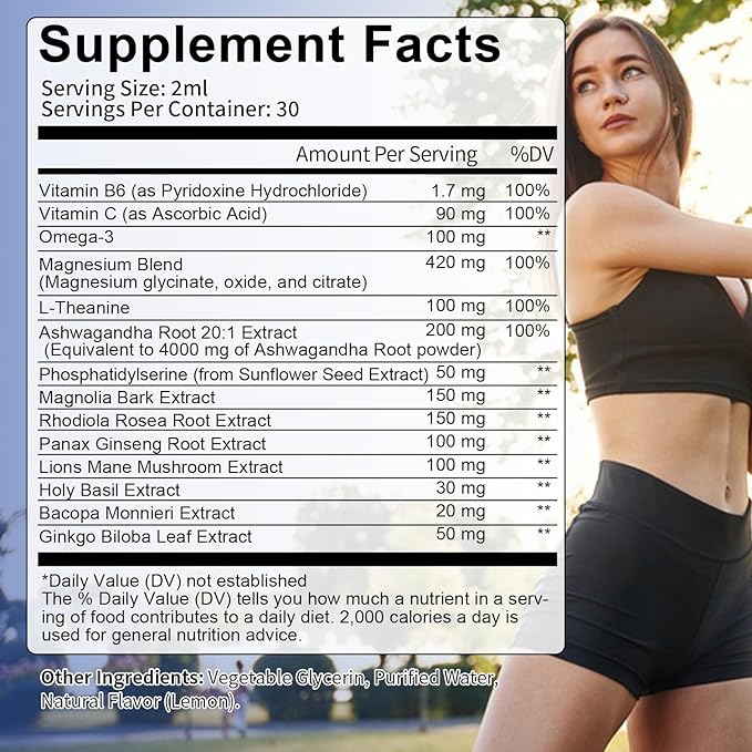 cortisol Supplement Liquid Drops Hormone Balance for Women Men with Magnesium Complex,Ashwagandha,Rhodiola Rosea,L Theanine,Phosphatidylserine Supplements Mood, Focus, Sleep Support 2 FL.OZ