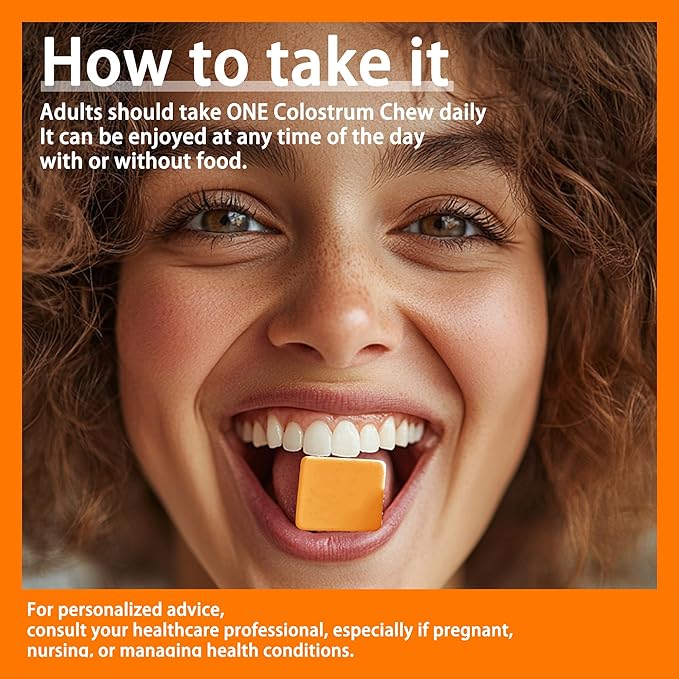 Colostrum Chews Supplement with probiotics for Gut Health, Bloating, Immune Support, Skin, Hair Growth and Beauty - Orange Flavor (60 Servings)