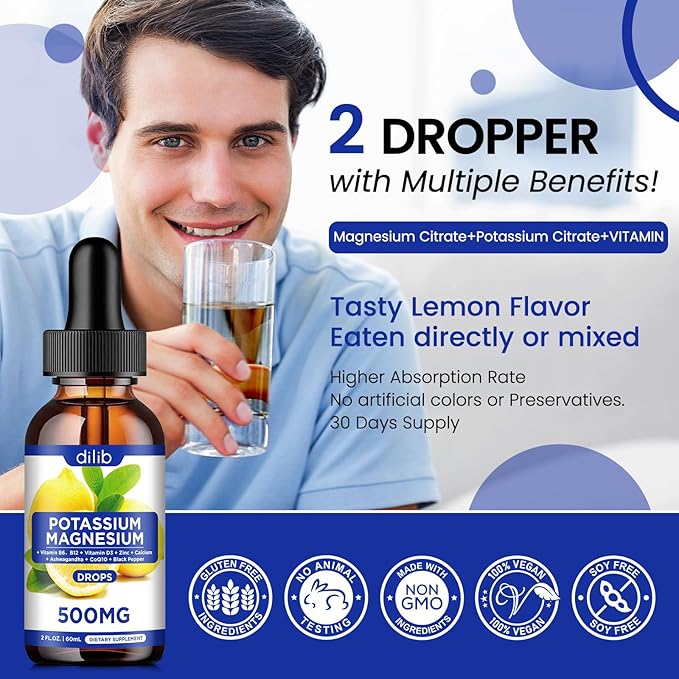 Potassium Magnesium Citrate Supplement, Liquid Magnesium Citrate Drops 500mg with Ashwagandha, Calcium, Zinc, Vitamin D3, B6, B12, CoQ10 - Vegan 2 fl oz Lemon Flavor