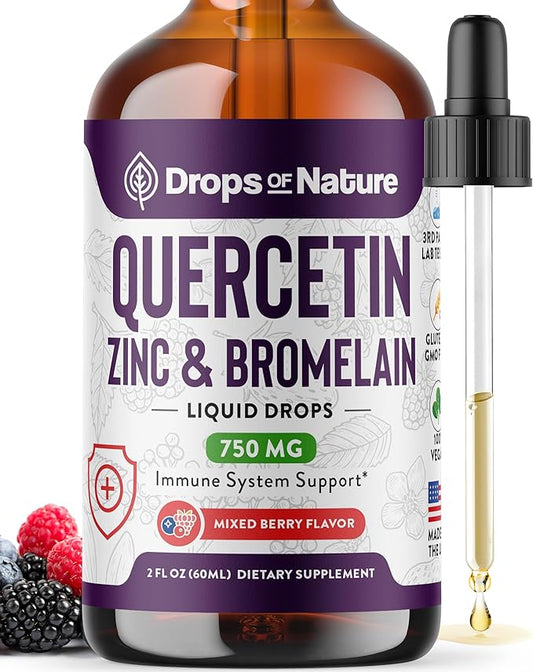 Quercetin with Bromelain & Zinc Liquid Drops - Immune Support for Adults & Kids | Ultra-Concentrated Bioflavonoids | Immune Defense | Cellular Health | Vegan | Non-GMO | Gluten Free | 2 Fl Oz