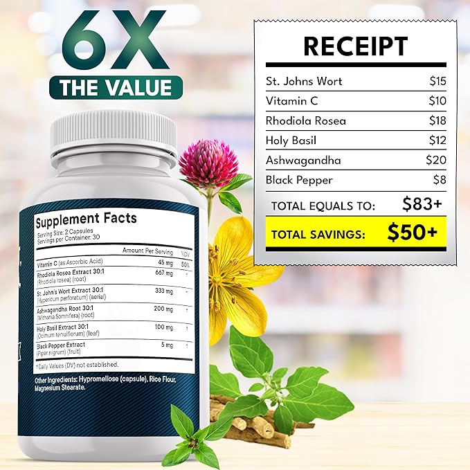 NEW AGE St Johns Wort, Rhodiola Rosea, Holy Basil, Ashwagandha - Support for Women and Men with Vitamin C & Black Pepper Extract - 120 Count