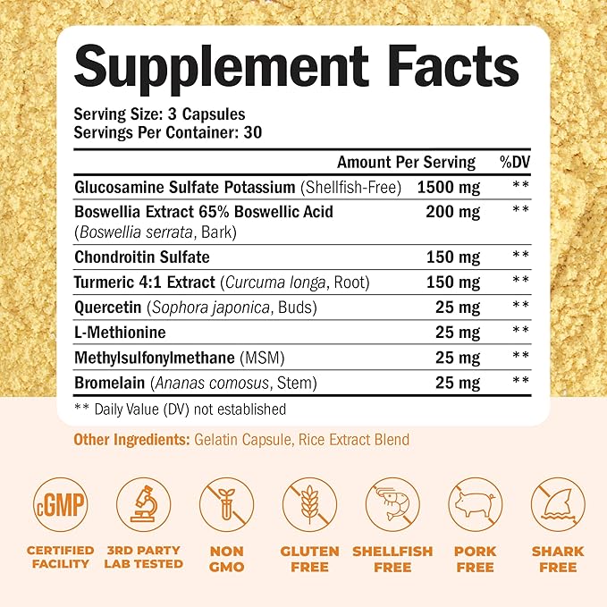 Glucosamine Chondroitin MSM and Turmeric Supplement - Joint Support Supplement for Women & Men with Boswellia & Glucosamine Sulfate 1500 mg. Used for Cartilage & Joint Health & Flexibility 90 Capsules