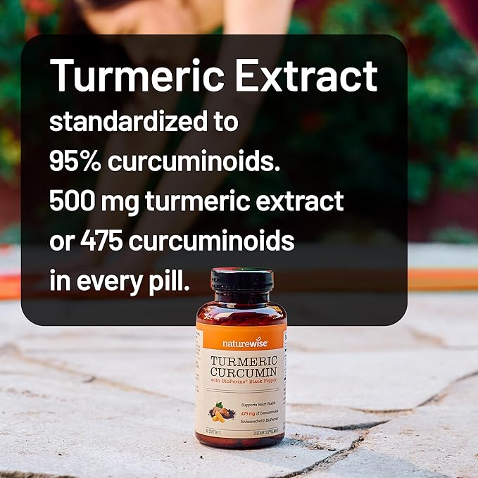 NatureWise Turmeric Curcumin 500mg with Black Pepper Softgels - Extra Strength, Enhanced Absorption - 95% Curcuminoids & BioPerine for Immune Support - Gluten-Free, Non-GMO - 180 Count[6-Month Supply]