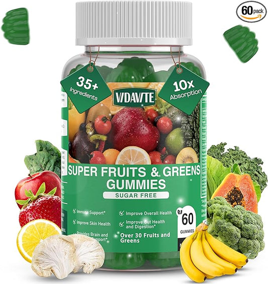 Sugar-Free Fruit and Veggie Gummies — 35+ Greens, Fruit and Vegetable Vitamins to Boost Immunity, Skin & Gut Health — Ideal Fruit and Vegetable Supplement for Adults & Kids (60 Gummies)