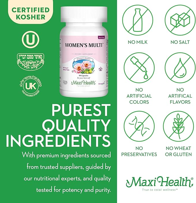 Maxi Health Women's Daily Multivitamin Biotin, Vitamins A B C D E, Calcium, Zinc, Lutein, Magnesium, Folate and More. Supports Gut Health for Women. Natural, Non-GMO, Gluten Free & Dairy Free Kosher