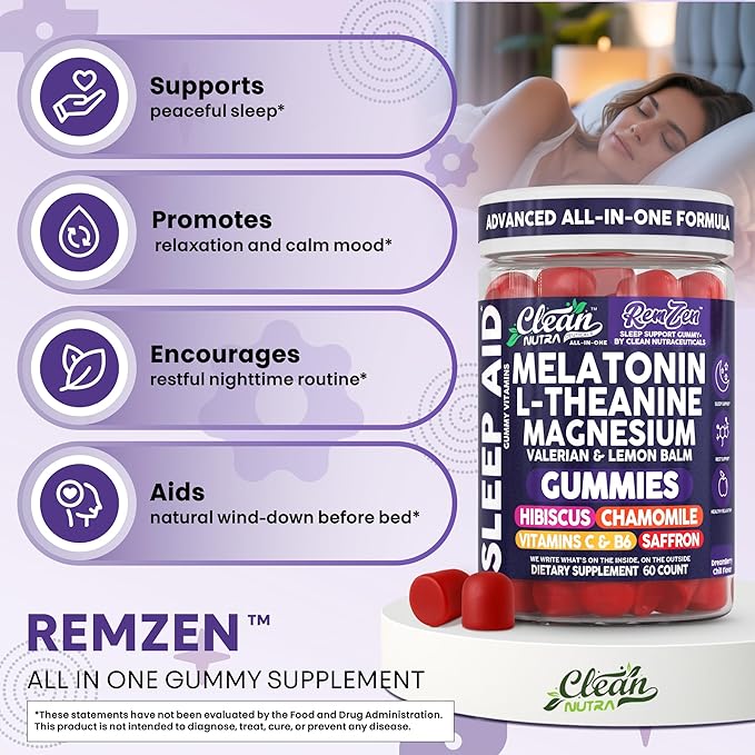 Clean Nutra Melatonin Gummies L Theanine Magnesium Valerian Root Lemon Balm Chamomile Vitamin C Gummy Saffron Sleep Aid Calm Vitamin B6 Stress Relief Hibiscus Relax Mood Happy Supplement Men Women