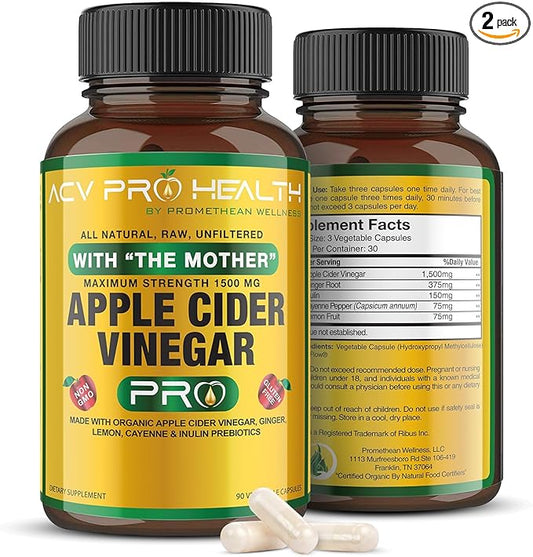 2-Pack ACV Pro Apple Cider Vinegar Capsules Certified Organic with Mother ACV Pills Detox Cleanse Acid Reflux Relief Support Supplement Ginger Root Cayenne Pepper Powder