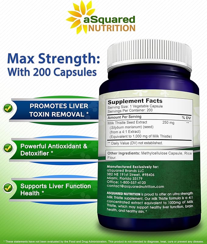 aSquared Nutrition Milk Thistle Supplement 1000mg-200 Capsules,Max Strength 4X Concentrated Extract 4:1 Milk Thistle Seed Powder Herb Pills, 1000 mg Silymarin Extract for Liver Support, Cleanse, Detox
