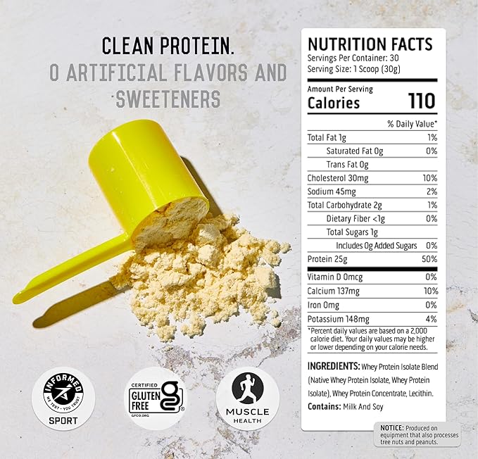 Ascent 100% Whey Protein Powder - Post Workout Whey Protein Isolate, Zero Artificial Flavors & Sweeteners, Gluten Free, 5.5g BCAA, 2.6g Leucine, Essential Amino Acids, Unflavored 2 lb