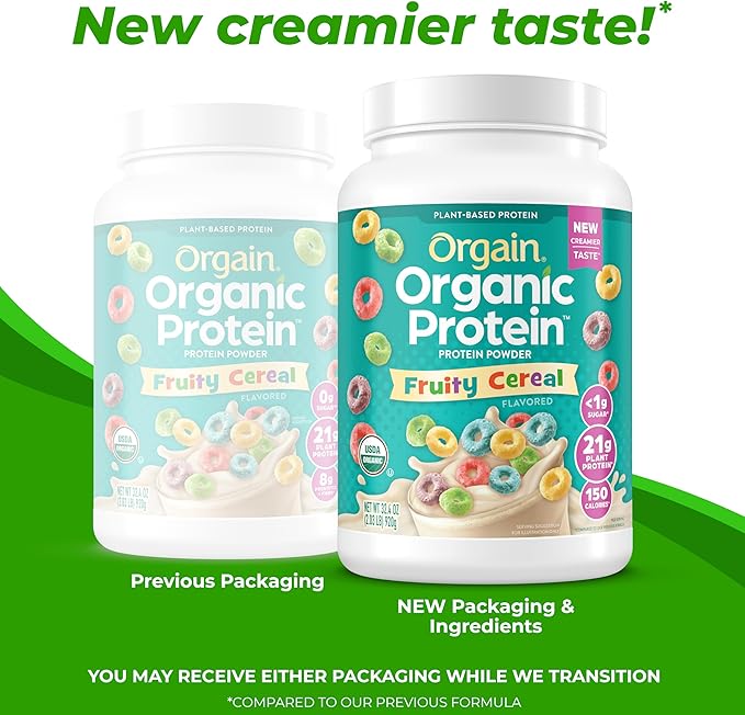 Orgain Organic Vegan Protein Powder, Fruity Cereal - 21g Plant Based Protein, 8g Prebiotic Fiber, Low Net Carb, No Lactose Ingredients, No Added Sugar, Non-GMO, For Shakes & Smoothies, 2.03 lb