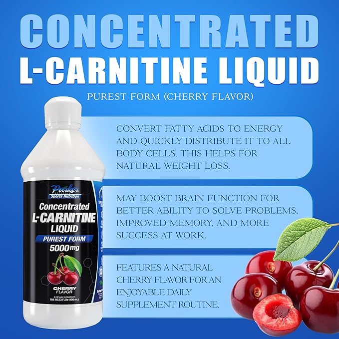 Concentrated L-Carnitine Liquid, 5000mg All Natural Cherry Flavored Supplement, Liquid L-Carnitine with Vitamin V5, 16.23 Fl. Oz