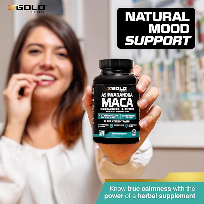 Ashwagandha 5,000mg + Maca Root Black, Red, Yellow 4,000mg, Rhodiola & L-Theanine: 30:1 Extract Ashwagandha Capsules, 20:1 Extract Maca Root Capsules - Supplement for Men and Women