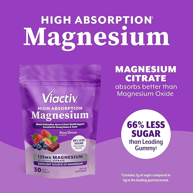 Viactiv Magnesium Chews, High Absorption Magnesium Citrate, Mixed Berries Flavor with Less Sugar Than Leading Magnesium Gummies, 30ct, 1pc Serving