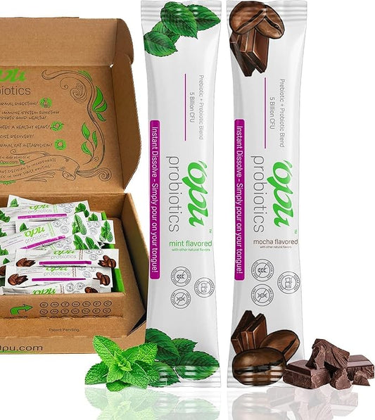 'Opu Probiotics Mint Instant-Dissolve - One Month Supply - 5 Billion CFU's - Men, Women & Children w/Prebiotics Digestive Immune Support Sugar Free, Gluten Free, Non GMO