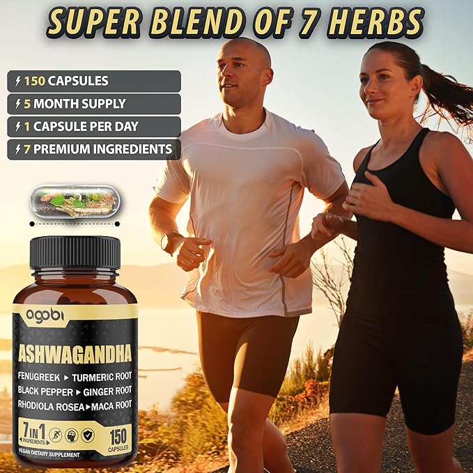 Ashwagandha Extract Capsules 7 Herbal Ingredients 8050 mg - Blended Fenugreek, Maca, Turmeric, Rhodiola, Ginger & Black Pepper - Sleep, Spirit, Immune & Energy Support - 5-Month Supply