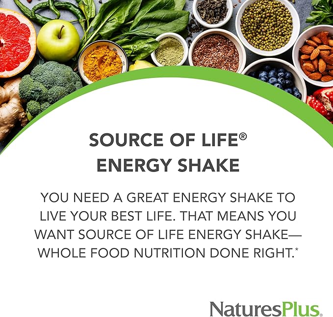 NaturesPlus Source of Life Energy Shake - 5 lbs, Vegetarian Drink Mix - Granola Flavor - Multivitamin, Mineral & Protein Powder - Whole Food Meal Replacement - Non-GMO, Gluten-Free - 58 Servings