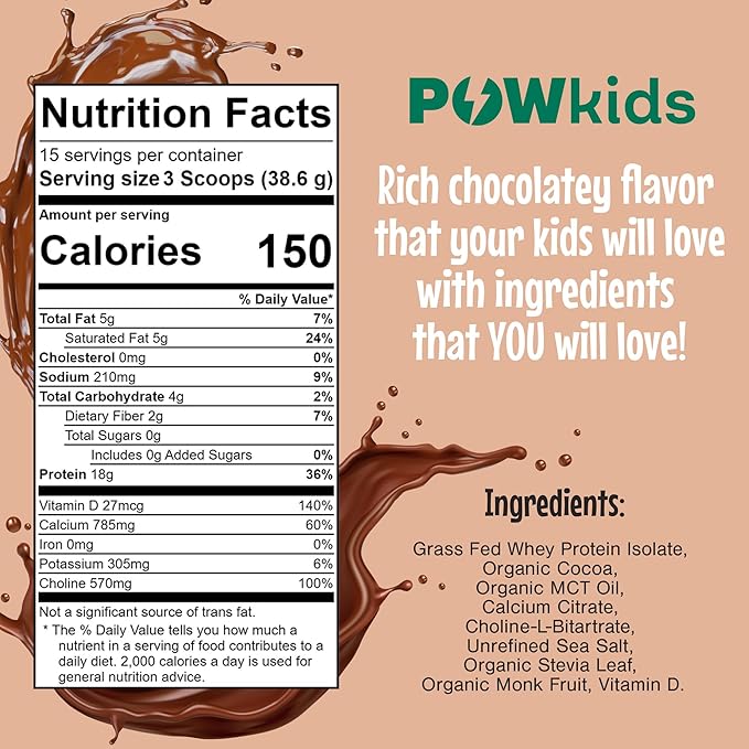 Kids Protein Powder – Zero Sugar, 18g Grass-Fed Whey Proteins, Organic Ingredients – Calcium & Choline for Bone Strength & Brain Development, Teens Shake, 15-45 Servings – Chocolate