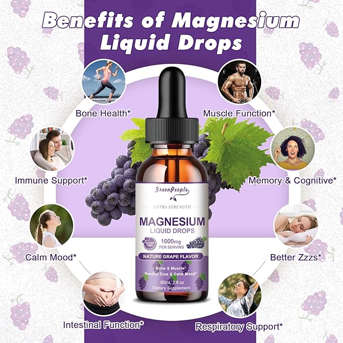 Magnesium Glycinate Liquid Drops - 1000mg 5-in-1 High Absorption Liquid Magnesium Complex with D3/K2/B6 | Fast-Acting, Bone, Muscle & Sleep | Sugar-Free Grape Flavor, 2fl Oz