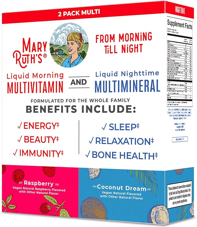 MaryRuth Organics Liquid Morning Multivitamin & Liquid Nighttime Multimineral Bundle, Vegan Vitamin C, Vitamin D, B Complex, Magnesium, Energy, Beauty, Sleep Support, NO Melatonin, 32 Fl Oz Each