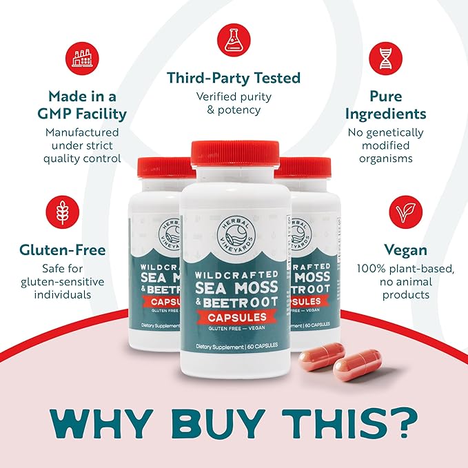 Herbal Vineyards Organic Wildcrafted Sea Moss and Beetroot 60 Capsules | Immune Support, Digestive Health & Improved Energy | Vegan Friendly | Non-GMO | Ethically Sourced