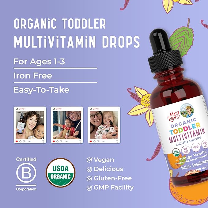 MaryRuth Organics Kids Multivitamin for Toddlers | USDA Organic | Toddler Vitamins Liquid Drops for Kids Ages 1-3 | Toddler Immune Support & Overall Wellness | Vegan | Non-GMO | Gluten Free | 2 Fl Oz