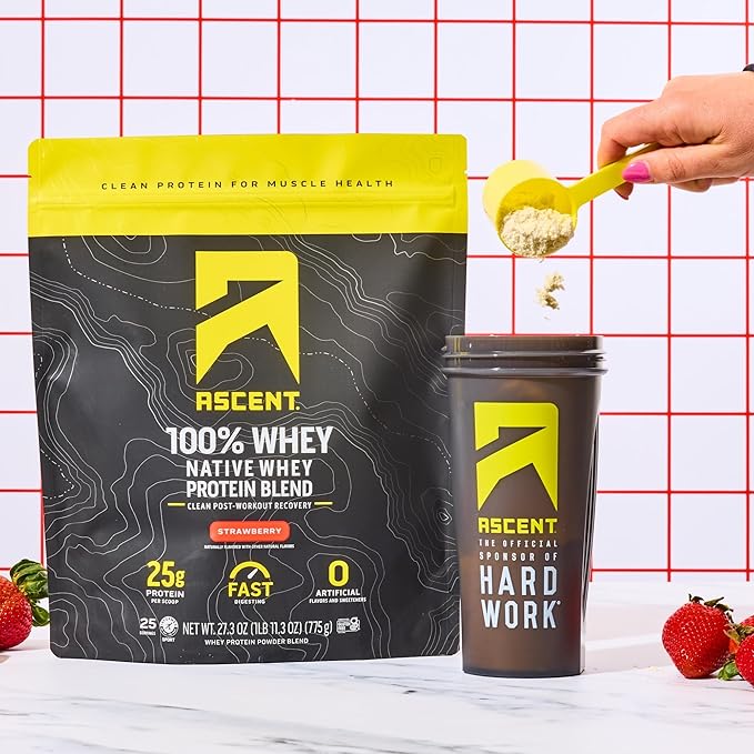 Ascent 100% Whey Protein Powder - Post Workout Whey Protein Isolate, Zero Artificial Flavors & Sweeteners, Gluten Free, 5.5g BCAA, 2.6g Leucine, Essential Amino Acids, Strawberry 1.7 lb