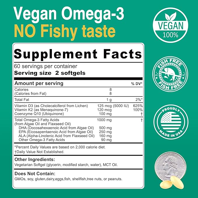2 Pack Vegan Omega 3 D3 K2 CoQ10 Supplement, Plant Based DHA EPA ALA for Women Men, Omega 3 Organic Algae Flaxseed Oil Supplement for Bone, Brain, Eye & Immune Support, No Carrageenan, 240 Softgels