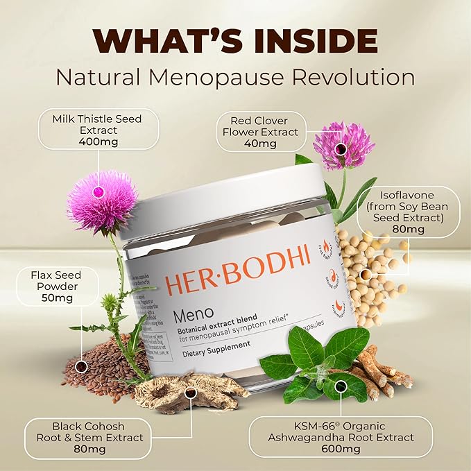 Meno- Menopause Hormonal Balance for Women, Estrogen Soy Isoflavones Menopause Supplement for Women, Ashwagandha, Black Cohosh Hot Flashes Menopause Relief, Night Sweats Relief 60Caps