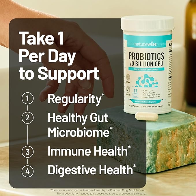 NatureWise Probiotics 70 Billion CFU - 17 Strains + Organic Prebiotics - Immune, Digestive & Gut Health Support for Women & Men - Vegetarian, Gluten-Free, Non-GMO - 60 Capsules[2-Month Supply]