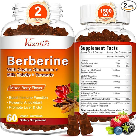 Berberine Gummies, Berberine HCL with Ceylon Cinnamons, Magnesium Citrate, Milk Thistle Supplement for Adult and Kids, Mixed Berry Flavored 120 Cts