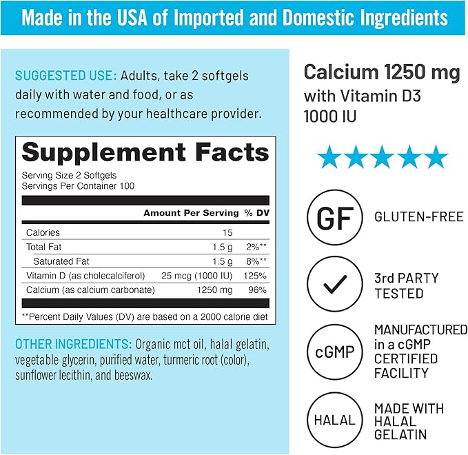 NatureWise High-Purity, All-Natural Calcium 1250mg + Vitamin D3 1000IU + Organic MCT Coconut Oil - Pregnancy Safe + Non-GMO - Absorption Friendly, Gluten Free - 200 Softgels[100-Day Supply]