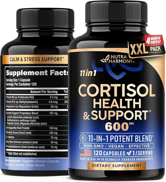 Cortisol Supplement - 11 in 1 Hormone Balance for Women - Made in USA Supplement - Mood, Focus, Sleep Support - Vegan, Non-GMO, Natural Pills - 120 Capsules