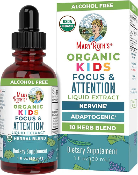 MaryRuth Organics Kids Brain Supplements for Memory and Focus, USDA Organic Drops with Ginkgo Biloba, Rhodiola Root & Licorice Root, Focus & Attention, Calm, Vegan, Non-GMO, Gluten Free, 30 Servings