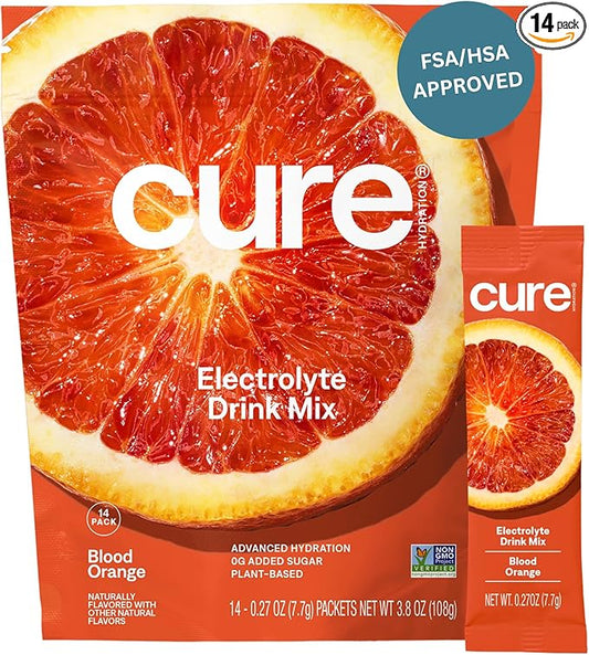 Cure Hydration | Plant-Based Electrolyte Drink Mix | No Added Sugar | Dehydration Relief Powder Made with Coconut Water | Non-GMO | Vegan | FSA & HSA | Pouch of 14 Packets - Blood Orange