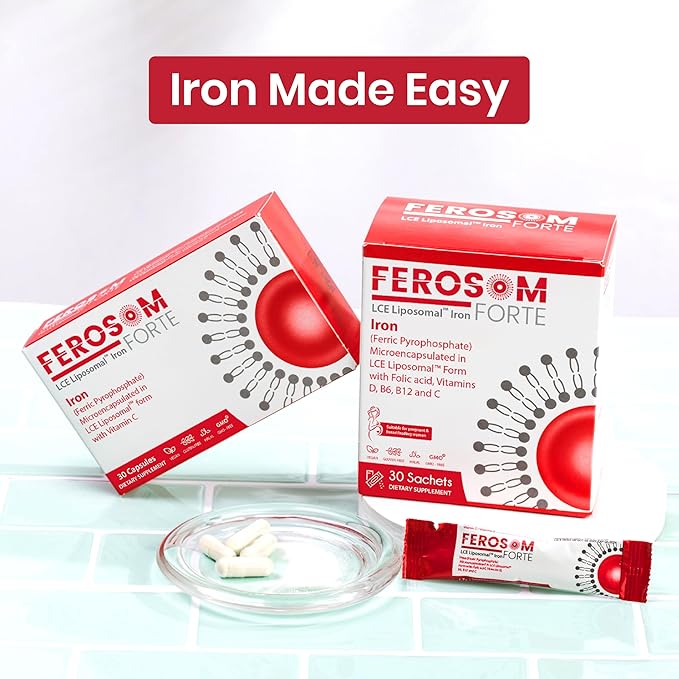 LCE Liposomal Iron – Supplement Powder Gentle on the Stomach – 21g Elemental Iron with Vitamin B12, B6, D, C, Folic Acid – Berry Flavor Powder or Liquid Iron Drink, 30 Vegan Iron Sachets