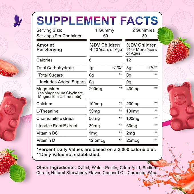 Magnesium Gummies for Kids - Magnesium Glycinate, L-Threonate Gummies with L-Theanine, Chamomile, Licorice, Vitamin B6, D for Kids & Adults Sleep, Stress, Muscle Relief & Nerve Bone - Sugar Free 60ct