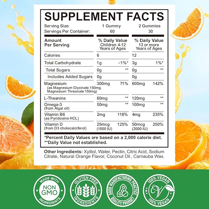 Magnesium Complex Gummies for Kids & Adults- Magnesium Glycinate, Threonate Supplement- Support Calm Stress Relief, Bones, Mood Vegan- Sugar-Free Orange Flavor, 60 Gummies