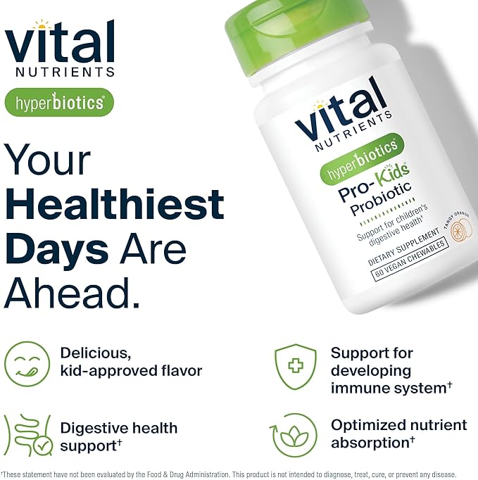 Hyperbiotics Vital Nutrients Pro Kids Probiotic | Allergen-Free Toddler Probiotics for Kids | Targeted Immune, Gut, and Digestive Health | Sugar-Free Orange Flavor | 60 Chewable Tablets